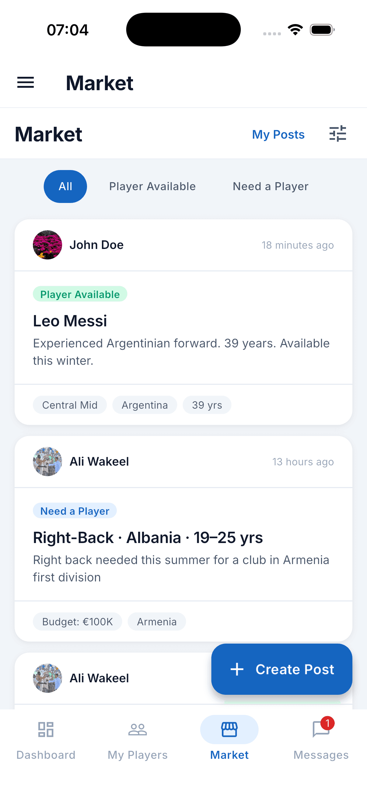 Transfer Market — browse and post player availability